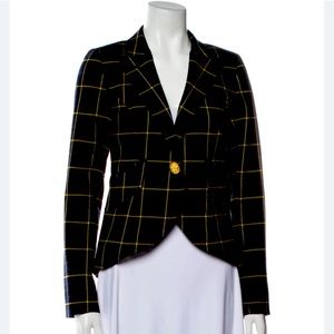 Smythe navy and gold print plaid one-button blazer. Size 6